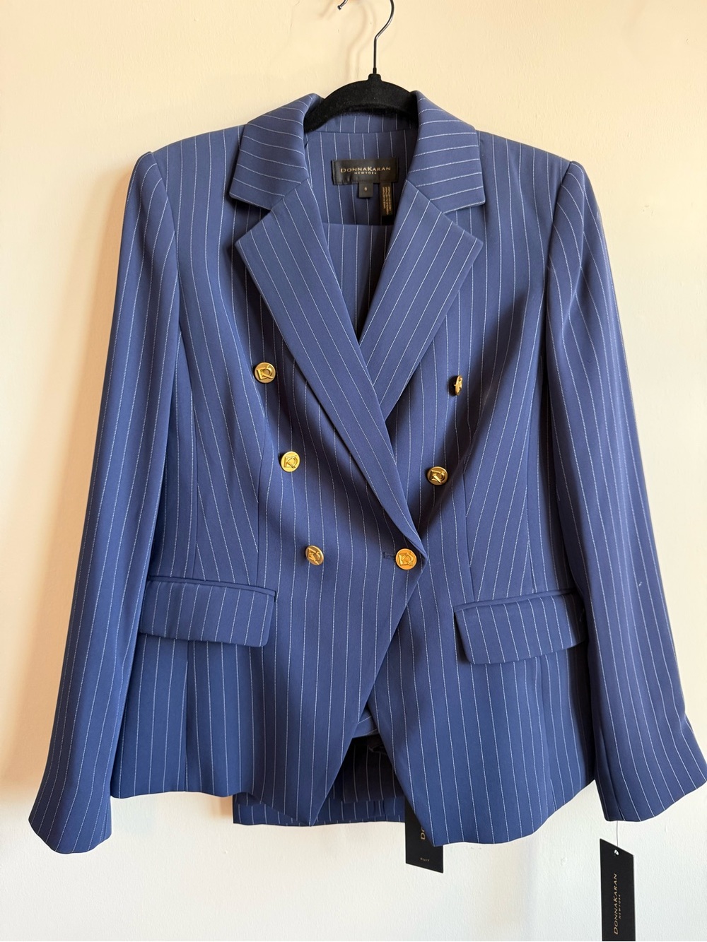 Donna Karan Navy Pinstripe Suit with Gold Buttons, Blazer size 6, Slacks size 2